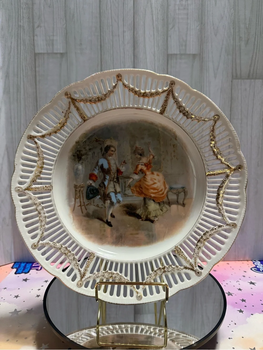 Antique RM Bavaria 9.5” Porcelain Courting Couple Plate Reticulated Gold Gilt